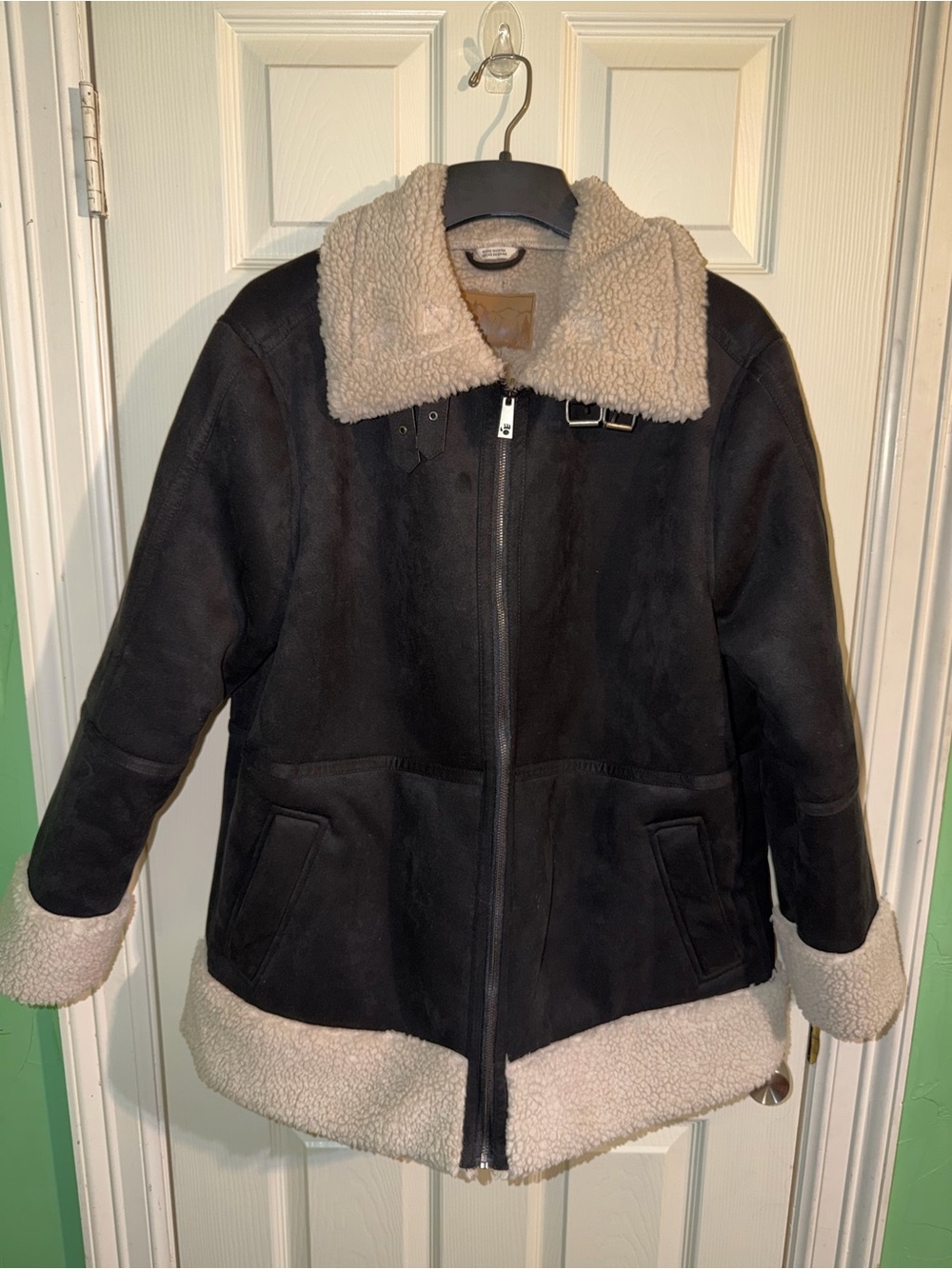 Bearpaw Women's Black Shearling-Trim Suede Coat with Cream Lining - XL